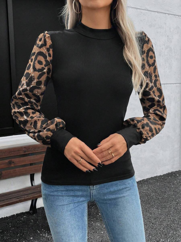 Kadın Uzun Kollu Yarı Balıkçı Yaka Leopar Detaylı Kaşkorse Bluz, 23423 - Image 5