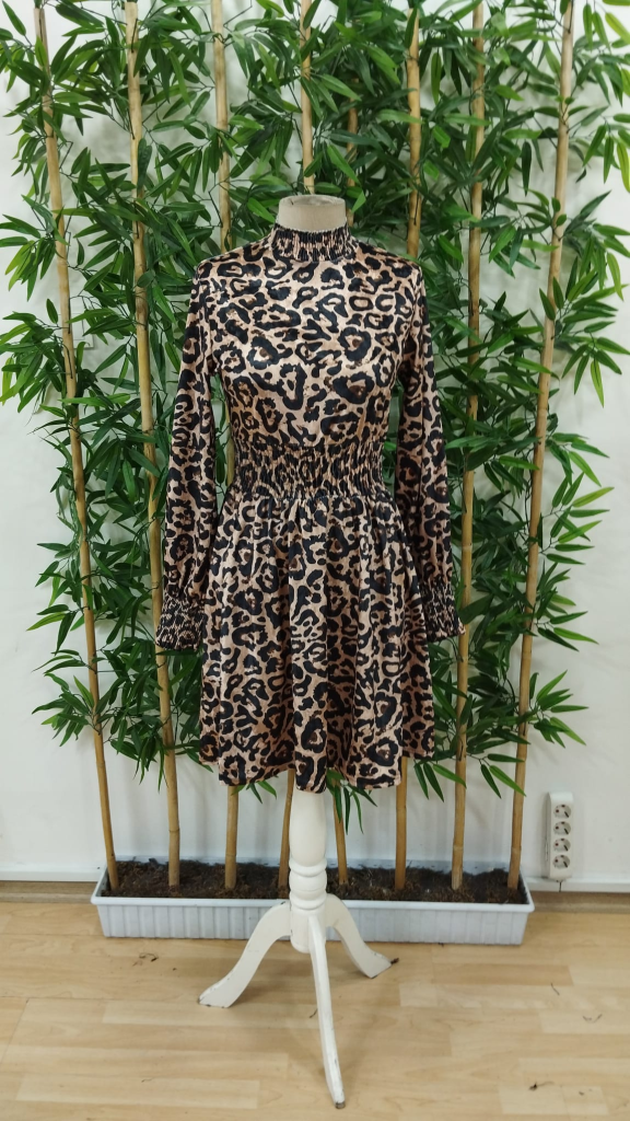 Kadın Uzun Kollu Yarı Balıkçı Yaka Leopar Desenli Kadife Elbise , 23461 - Image 6