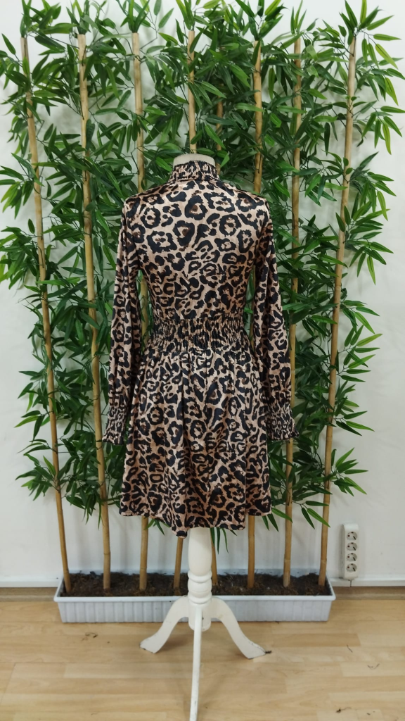 Kadın Uzun Kollu Yarı Balıkçı Yaka Leopar Desenli Kadife Elbise , 23461 - Image 7