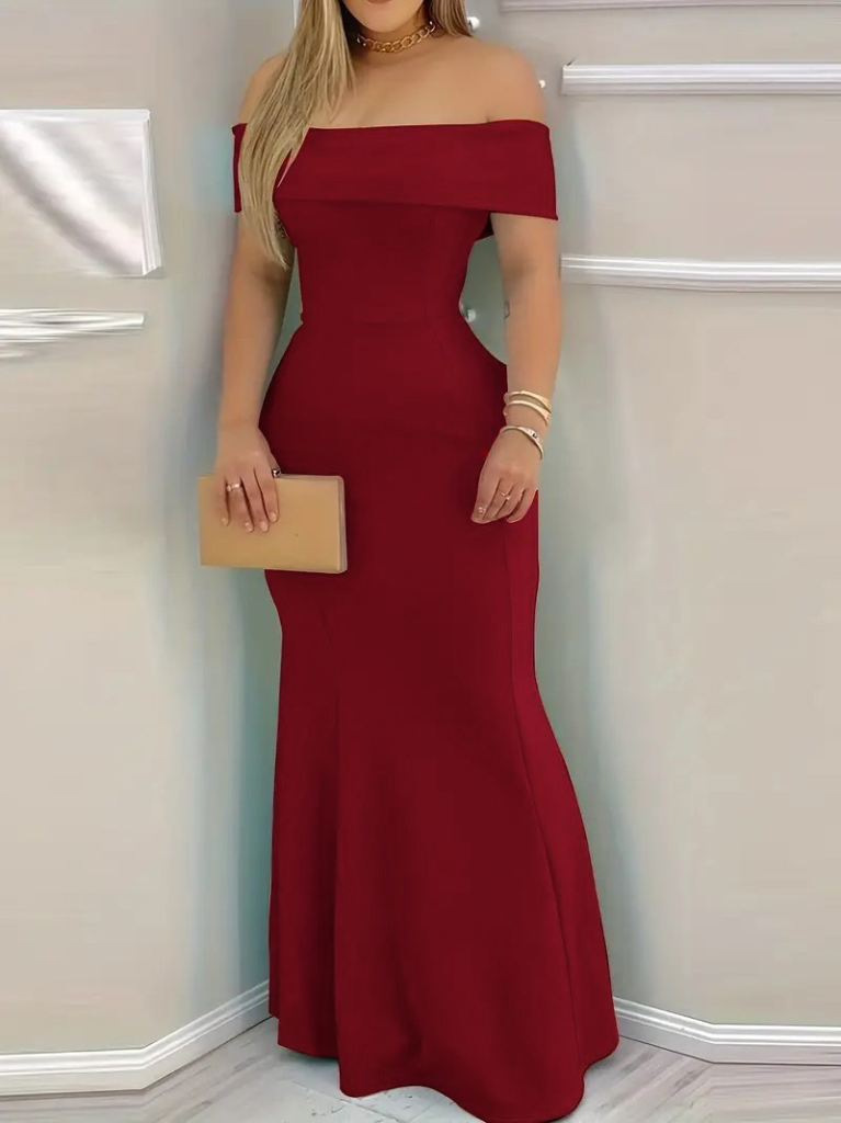 Kadın Kısa Kollu Madonna Yaka Belden Oturtmalı Uzun Ithal Krep Elbise, 23630