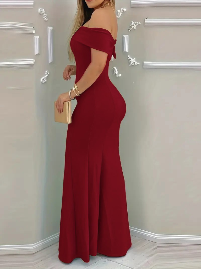 Kadın Kısa Kollu Madonna Yaka Belden Oturtmalı Uzun Ithal Krep Elbise, 23630 - Image 2
