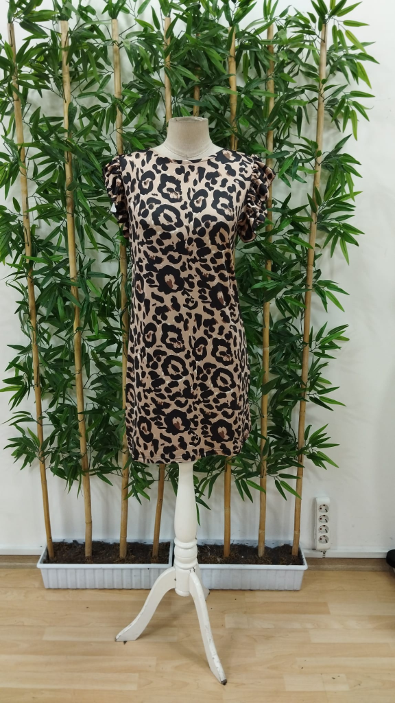 Kadın Kısa Kollu Fırfır Detay Arkadan Bağlamalı Leopar Desen Süprem Elbise , 25217 - Image 6