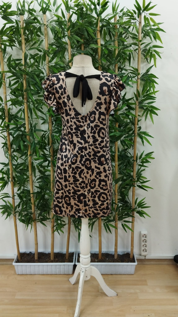 Kadın Kısa Kollu Fırfır Detay Arkadan Bağlamalı Leopar Desen Süprem Elbise , 25217 - Image 8