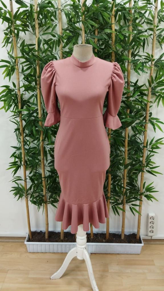Kadın Kısa Kollu Yarı Balıkçı Yakalı Etek Ucu Fırfırlı Midi Ithal Krep Elbise , 23672 - Image 6