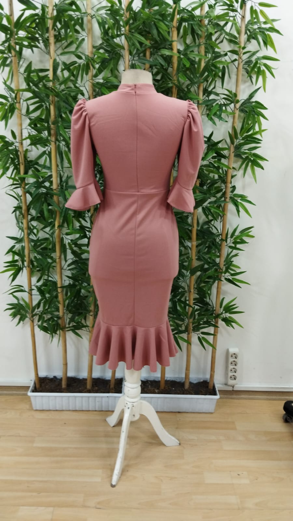 Kadın Kısa Kollu Yarı Balıkçı Yakalı Etek Ucu Fırfırlı Midi Ithal Krep Elbise , 23672 - Image 7