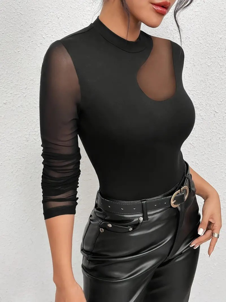 Kadın Uzun Kollu Yarı Balıkçı Yaka Kolları Tüllü Dalgıç Bluz, 23775 - Image 3