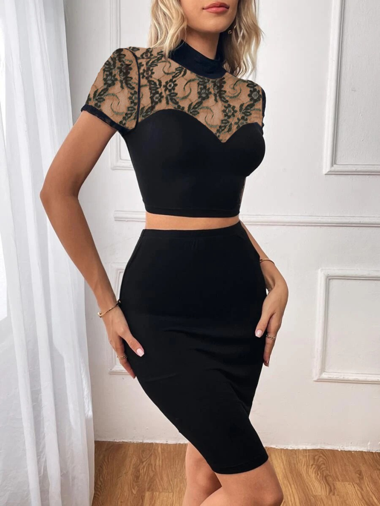 Kadın Kısa Kollu Yarı Balıkçı Yaka Dantelli Straplez Ithal Krep Crop Bluz Ve Etek Ikili Takım, 23817 - Image 2