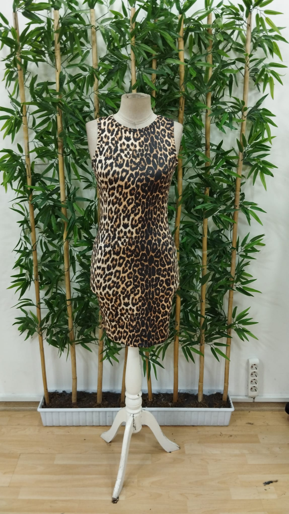 Kadın Askılı Yuvarlak Yaka Leopar Desenli Süprem Elbise , 23879 - Image 7