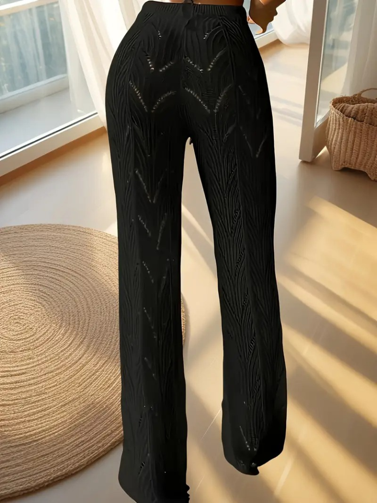 Kadın Yüksek Bel Bağcıklı Desenli Triko Plaj Pantolon, 24026 - Image 2