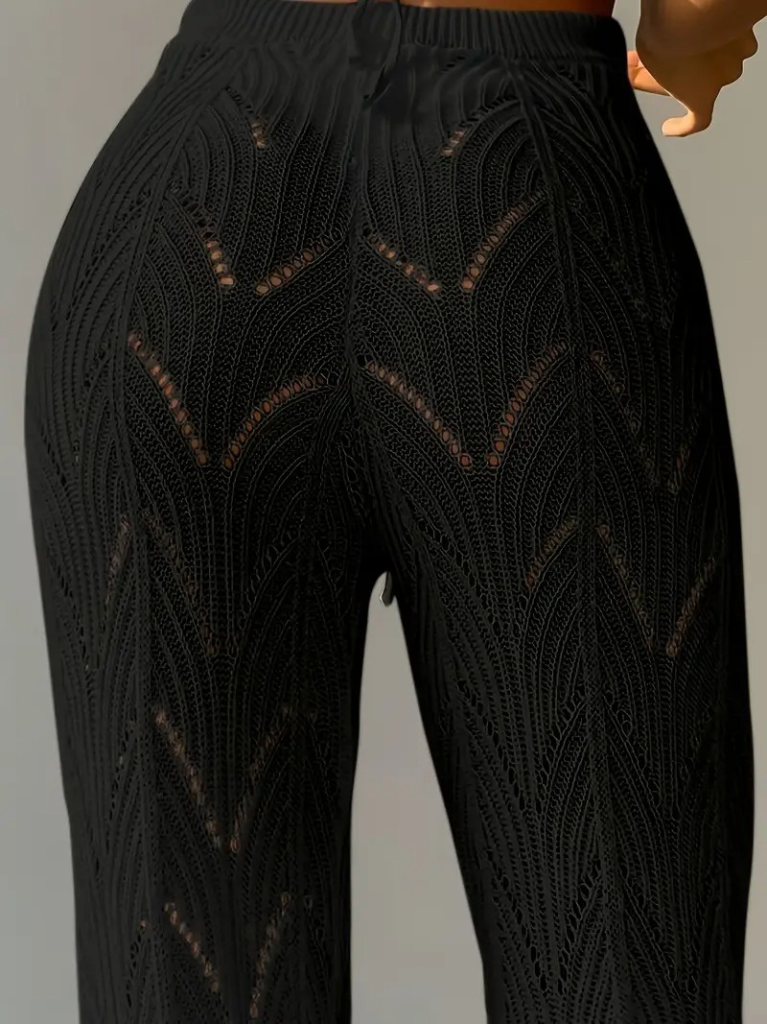 Kadın Yüksek Bel Bağcıklı Desenli Triko Plaj Pantolon, 24026 - Image 4
