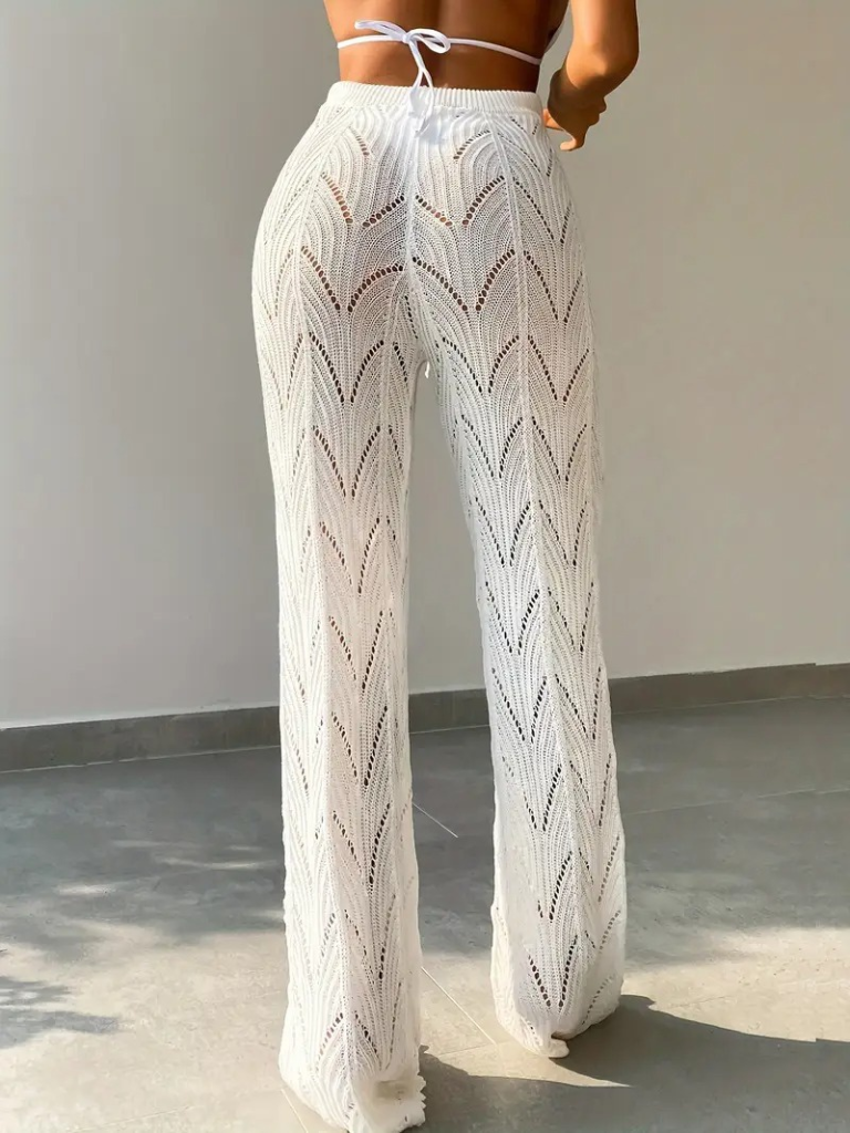 Kadın Yüksek Bel Bağcıklı Desenli Triko Plaj Pantolon, 24028 - Image 2