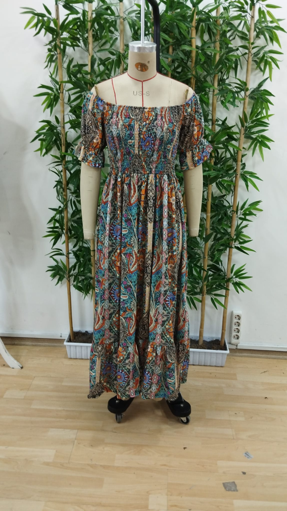 Kadın Kısa Kollu Madonna Yaka Desenli Fırfırlı Maksi Bu Süprem Elbise , 24360 - Image 6