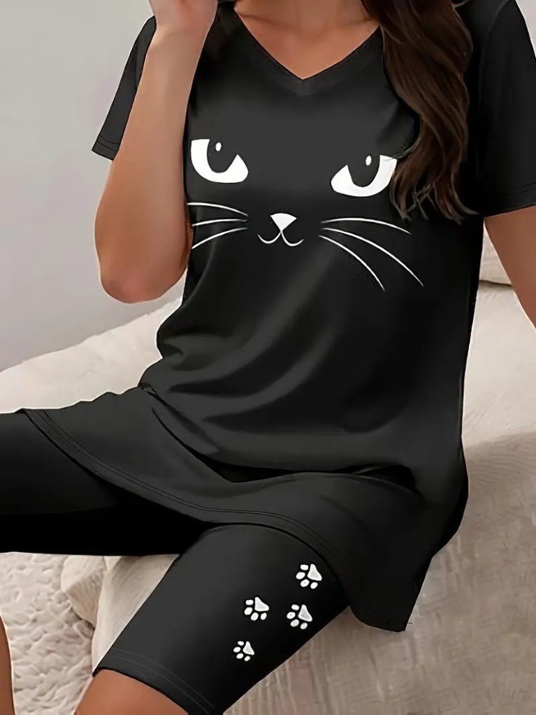 Kadın Kısa Kollu V Yakalı Kedi Desenli Viskon Iki Iplik Bluz Ve şort Ikili Takım, 24432 - Image 2