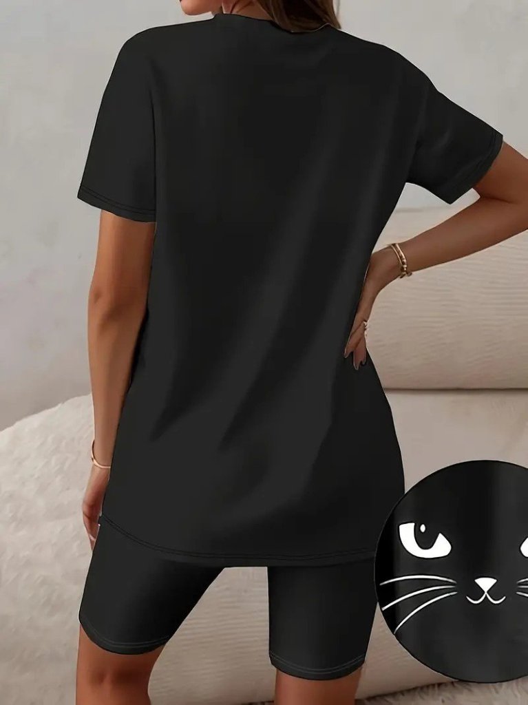 Kadın Kısa Kollu V Yakalı Kedi Desenli Viskon Iki Iplik Bluz Ve şort Ikili Takım, 24432 - Image 3