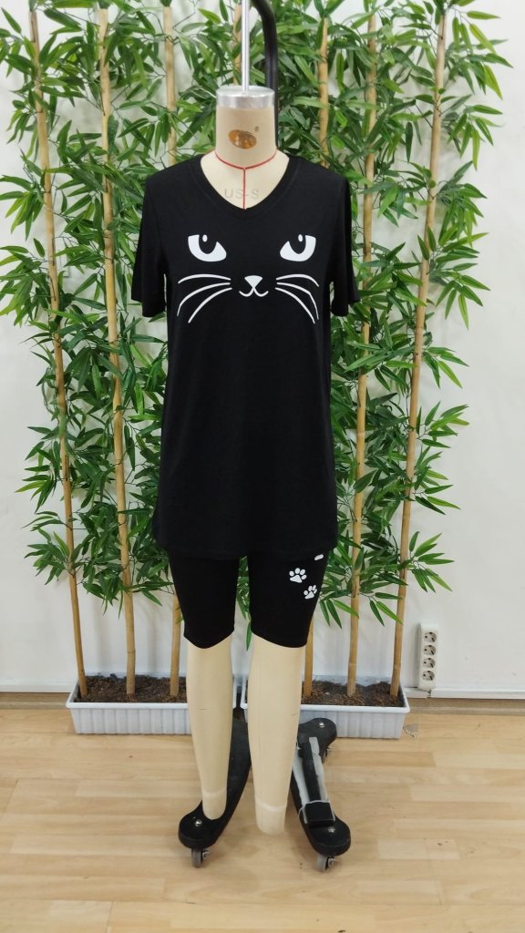 Kadın Kısa Kollu V Yakalı Kedi Desenli Viskon Iki Iplik Bluz Ve şort Ikili Takım, 24432 - Image 6