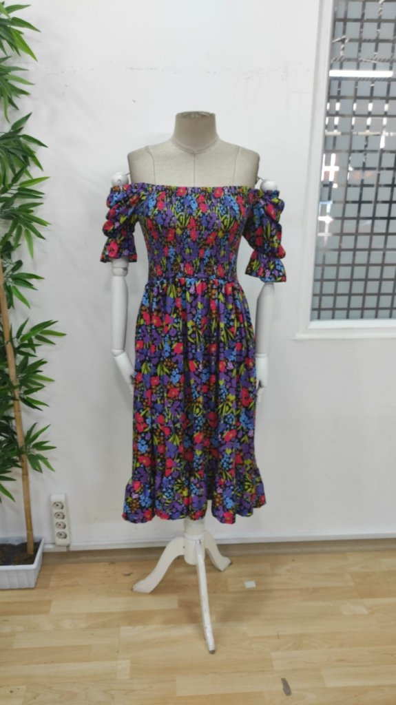 Kadın Kısa Kollu Kare Yakalı Beli Lastikli çiçek Desenli Mini Süprem Elbise , 24463 - Image 7