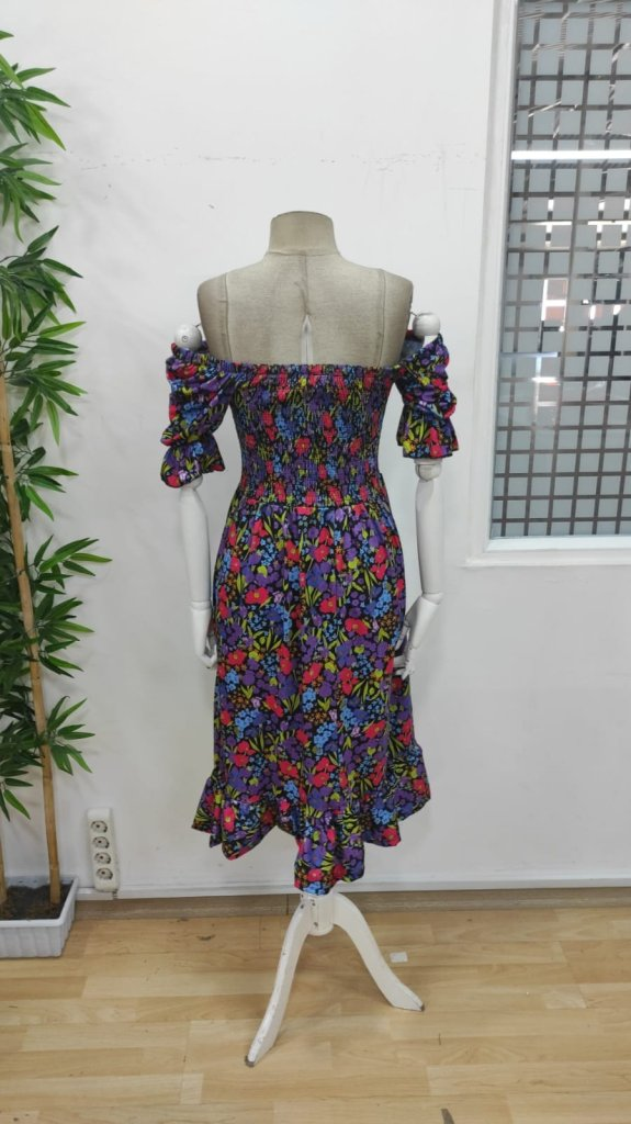 Kadın Kısa Kollu Kare Yakalı Beli Lastikli çiçek Desenli Mini Süprem Elbise , 24463 - Image 8