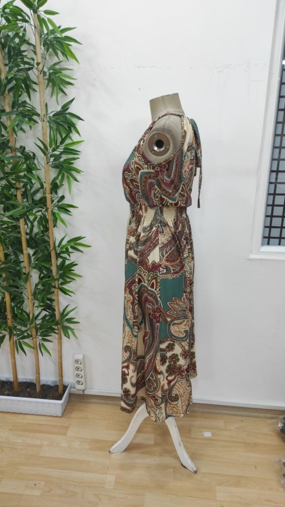 Kadın Kolsuz Boyundan Bağlamalı Beli Lastikli Dijital Baskı Süprem Uzun Elbise, 24516 - Image 7