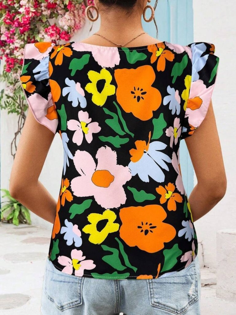 Kadın Kısa Fırfır Kollu Kare Yaka çiçek Desenli Ithal Keten Bluz, 24525 - Image 2