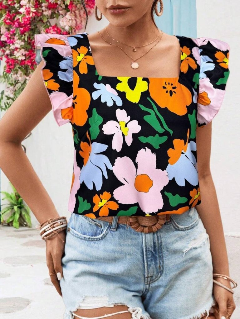 Kadın Kısa Fırfır Kollu Kare Yaka çiçek Desenli Ithal Keten Bluz, 24525 - Image 3