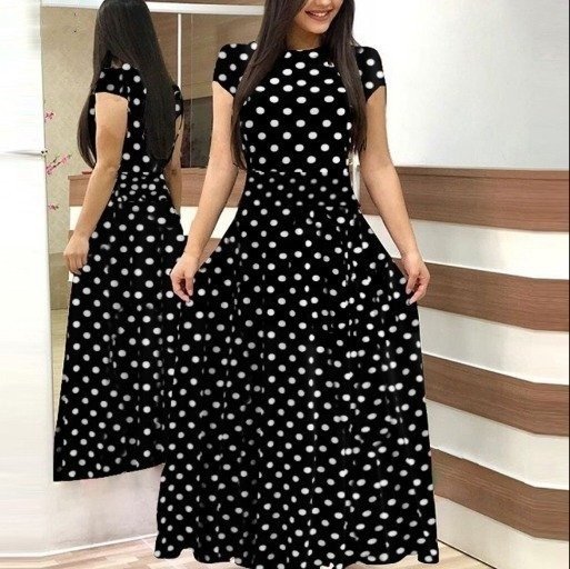 Kadın Kısa Kollu Bisiklet Yaka Puantiyeli Maksi örme Krep Elbise , 24548