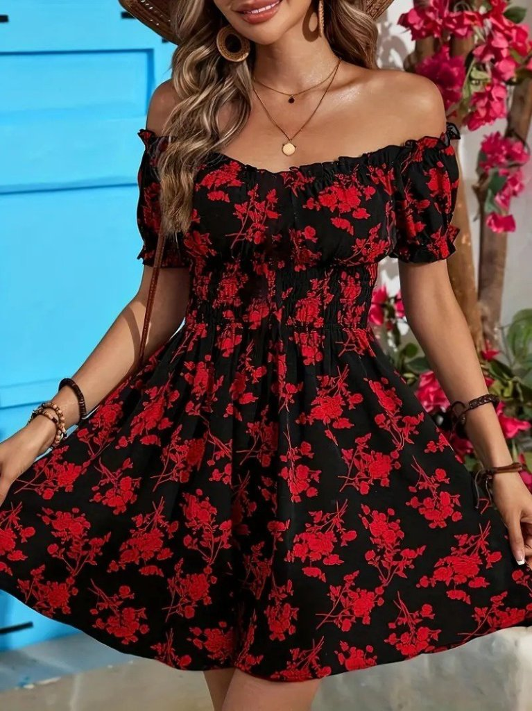 Kadın Kısa Kollu Madonna Yaka Beli Lastikli çiçek Desenli Kısa Süprem Elbise, 25261 - Image 2