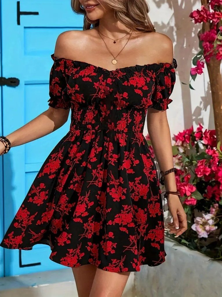 Kadın Kısa Kollu Madonna Yaka Beli Lastikli çiçek Desenli Kısa Süprem Elbise, 25261 - Image 4