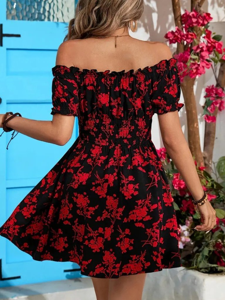 Kadın Kısa Kollu Madonna Yaka Beli Lastikli çiçek Desenli Kısa Süprem Elbise, 25261 - Image 5