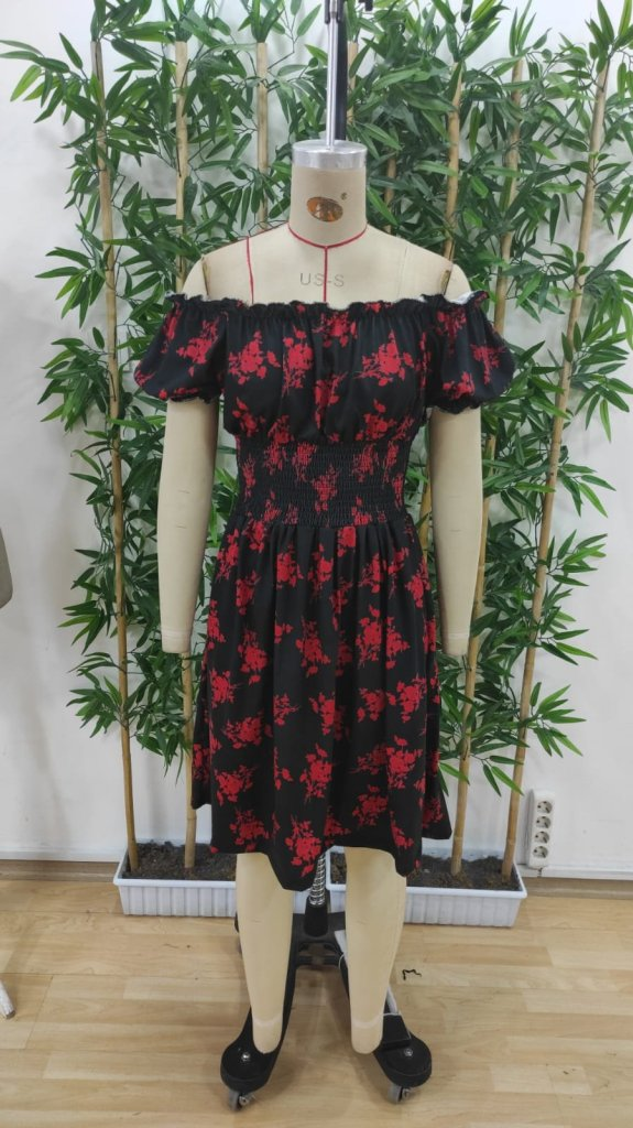 Kadın Kısa Kollu Madonna Yaka Beli Lastikli çiçek Desenli Kısa Süprem Elbise, 25261 - Image 7