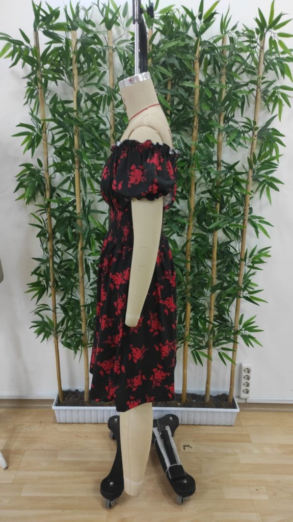Kadın Kısa Kollu Madonna Yaka Beli Lastikli çiçek Desenli Kısa Süprem Elbise, 25261 - Image 8