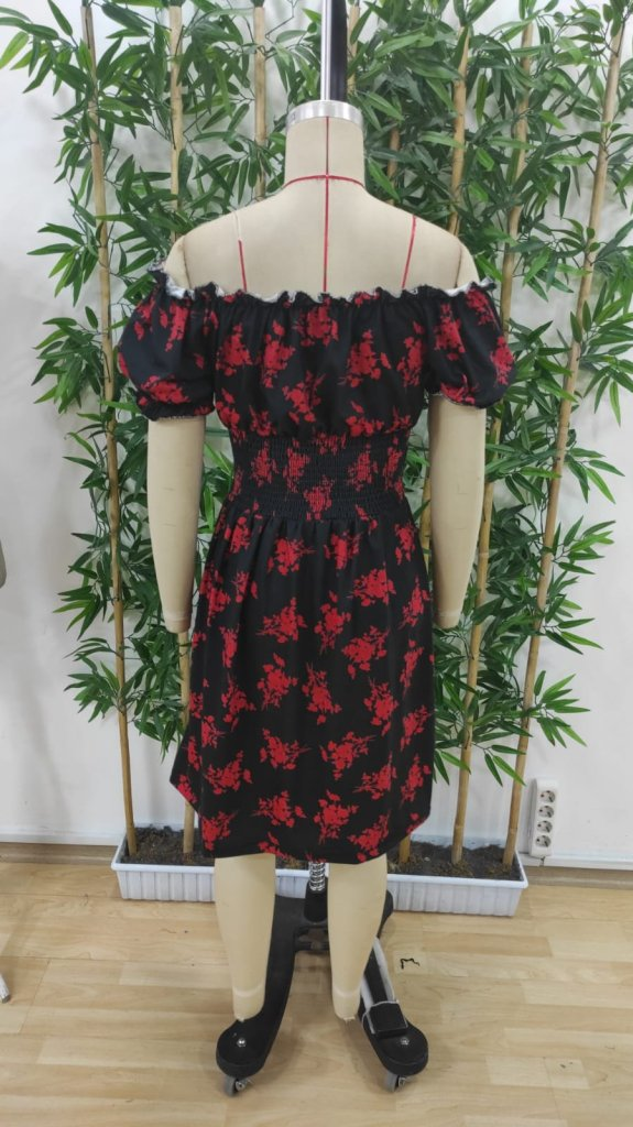 Kadın Kısa Kollu Madonna Yaka Beli Lastikli çiçek Desenli Kısa Süprem Elbise, 25261 - Image 9