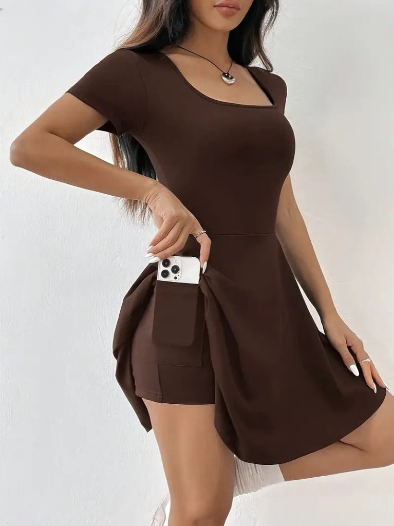 Kadın Kısa Kollu Kare Yaka Short Detaylı Cepli Dalgıç Elbise, 24569 - Image 2