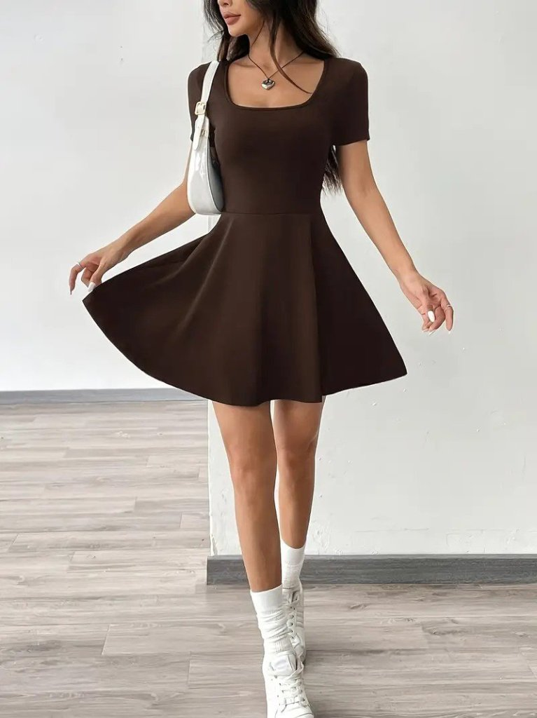 Kadın Kısa Kollu Kare Yaka Short Detaylı Cepli Dalgıç Elbise, 24569 - Image 6