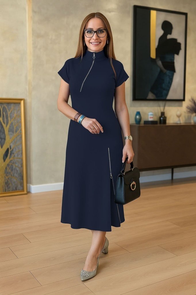 Kadın Kısa Kollu Yakadan Ve Etekten Fermuarlı Midi Viskon Iki Iplik Elbise , 24632