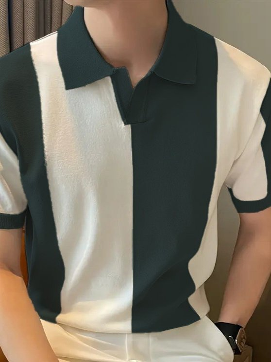 Erkek Kısa Kollu Polo Yakalı Blok Desenli Triko Bluz, 24764 - Image 2