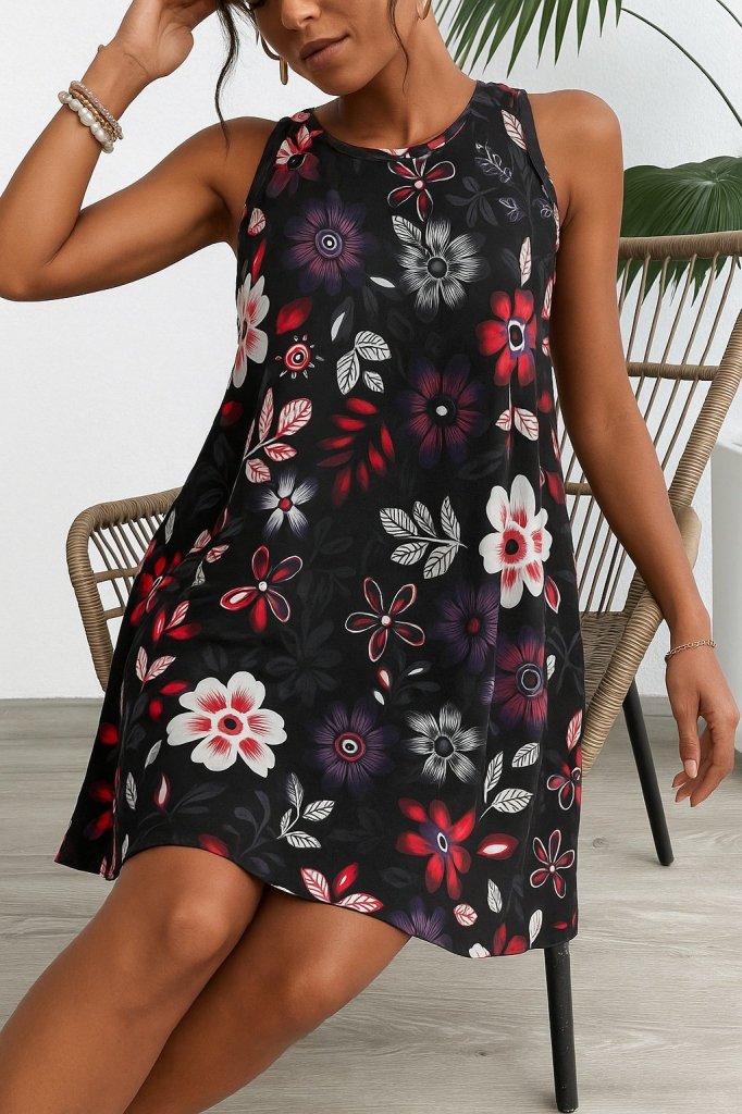 Kadın Askılı Yuvarlak Yaka Desenli A Kesim Süprem Elbise , 24805