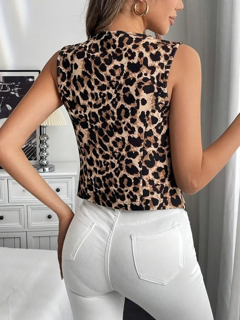 Kadın Askılı V Yakalı önden Düğmeli Leopar Desenli Atlas Ceket, 25291 - Image 5