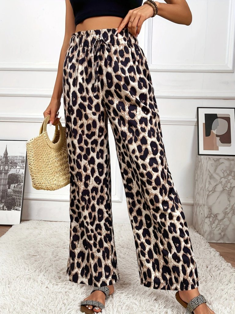 Kadın Yüksek Bel Beli Lastikli Bağcıklı Leopar Desenli Süprem Pantolon , 24893 - Image 2