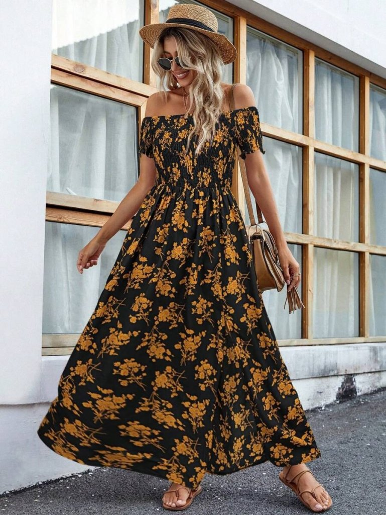 Kadın Kısa Kollu Madonna Yaka Yırtmaçlı çiçek Desenli Süprem Elbise , 24894 - Image 2