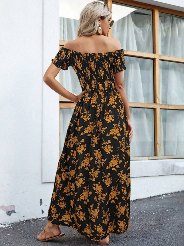 Kadın Kısa Kollu Madonna Yaka Yırtmaçlı çiçek Desenli Süprem Elbise , 24894 - Image 4