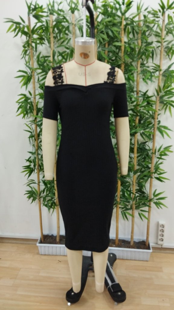 Kadın Omuzlardan Açık Dantel Askılı Fitilli Kaşkorse Midi Elbise , 24903 - Image 6