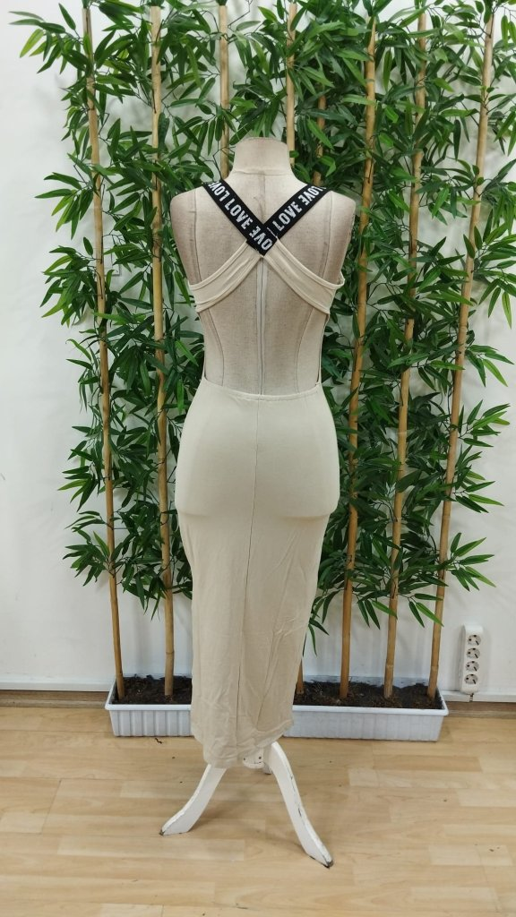 Kadın Yuvarlak Yaka Sırttan çapraz şerit Love Detaylı Yırtmaçlı Viskon Elbise , 24912 - Image 7