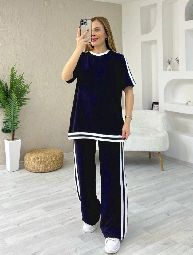 Kadın Kısa Kollu Bisiklet Yaka çift Renk şerit Detaylı Viskon Iki Iplik Bluz Ve Pantolon Ikili Takım , 24920 - Image 3