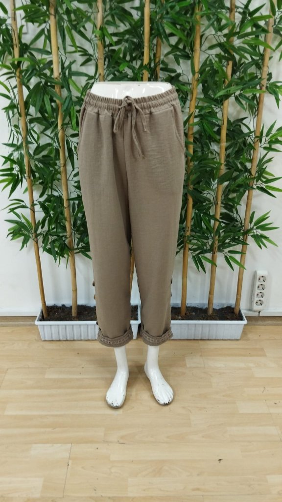 Kadın Yüksek Bel Lastikli Yandan Düğmeli Ithal Keten Pantolon , 24993 - Image 4