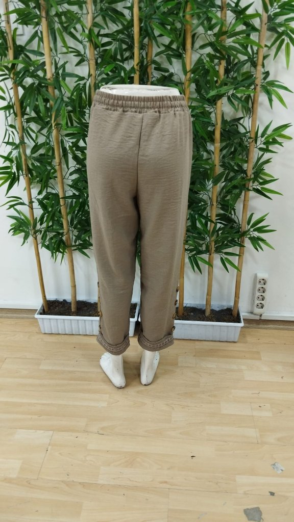 Kadın Yüksek Bel Lastikli Yandan Düğmeli Ithal Keten Pantolon , 24993 - Image 6