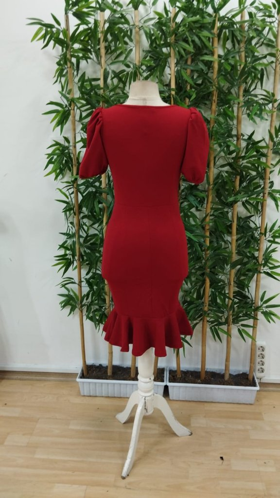 Kadın Kısa Kollu Yuvarlak Yaka Pileli Janjan Krep Elbise, 25060 - Image 6