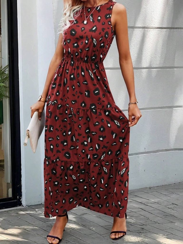 Kadın Kolsuz Bisiklet Yaka Beli Lastikli Desenli Süprem Elbise , 25085 - Image 4