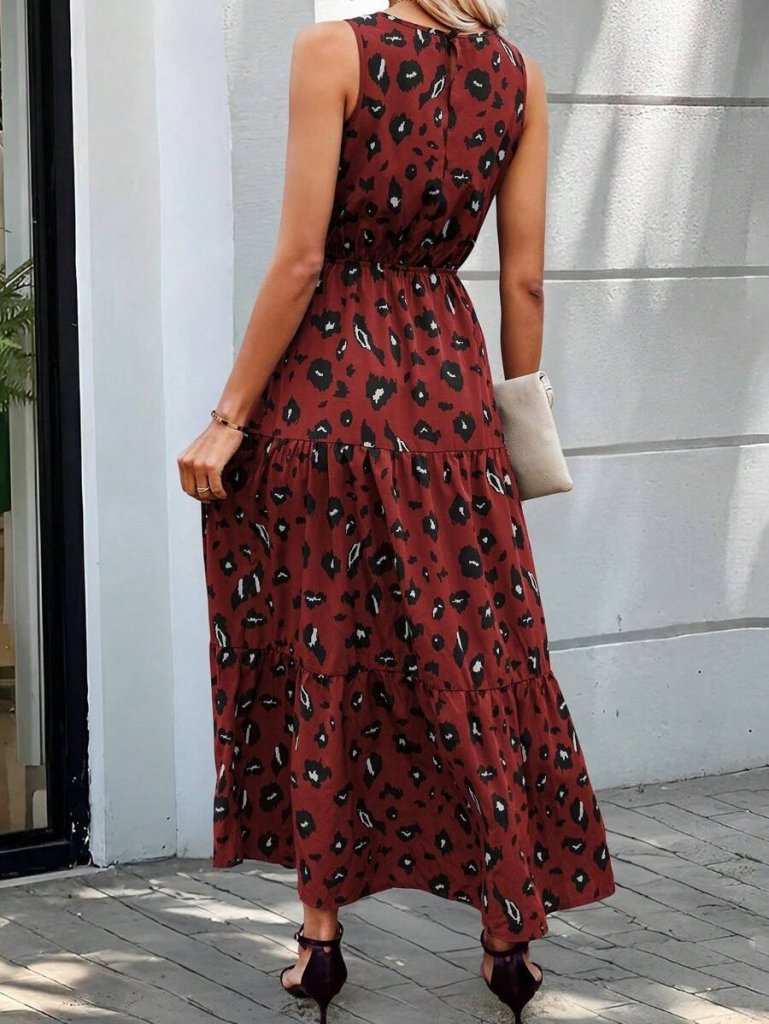 Kadın Kolsuz Bisiklet Yaka Beli Lastikli Desenli Süprem Elbise , 25085 - Image 5