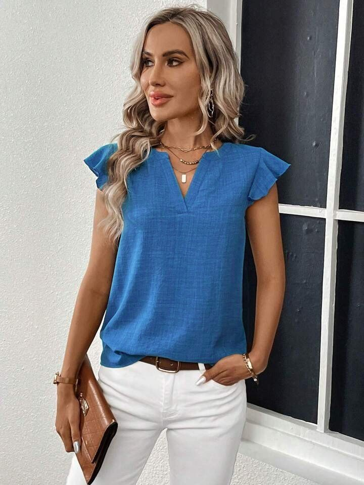 Kadın Kısa Kelebek Kollu V Yakalı Bluz, 25121 - Image 5