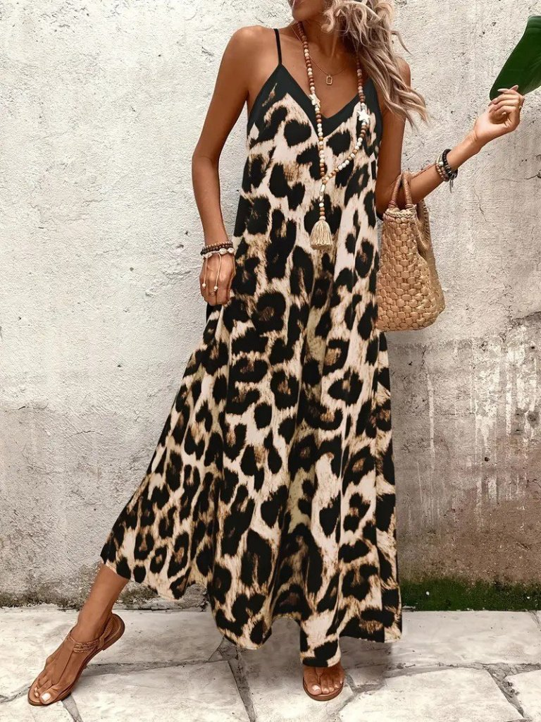 Kadın Ip Askılı Geniş V Yakalı Leopar Desenli Süprem Elbise , 25152 - Image 3